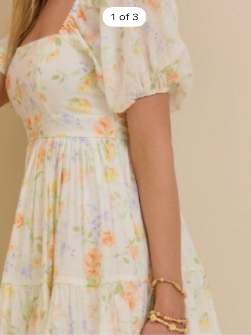 Altar'd State White Floral Puff-Sleeve Dress with Peach and Green Accents